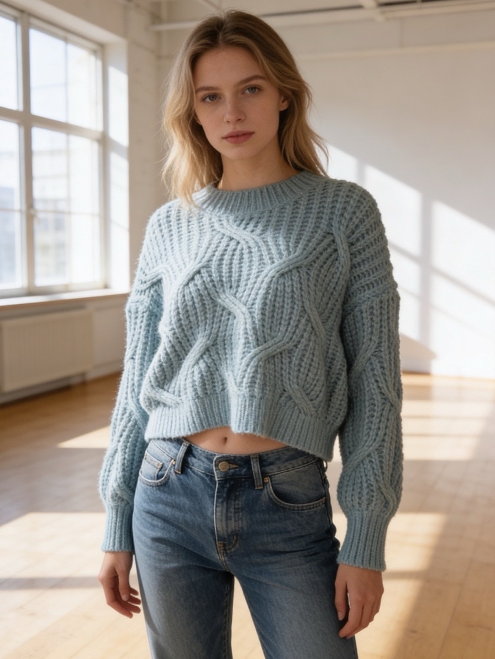 Lush Blue Cable Knit Cropped Sweater Balloon Sleeve Cozy Size M